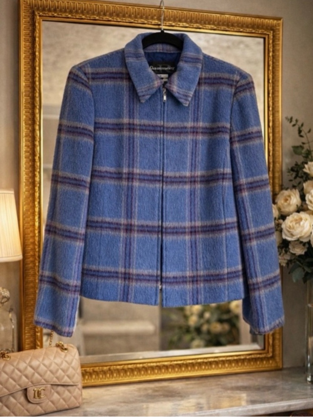 Vintage Wool Plaid Jacket ✨ Cropped Blue Preppy Fall Blazer Chic Zip Up Coat - Picture 2 of 6